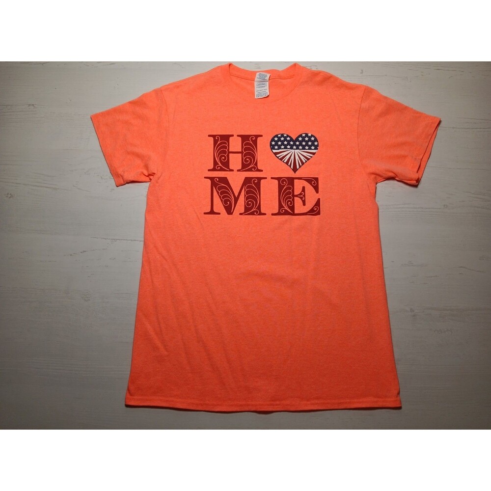 Home Womens Peach T Shirt Top Sz Medium Short Sleeve USA America Farmland Rural